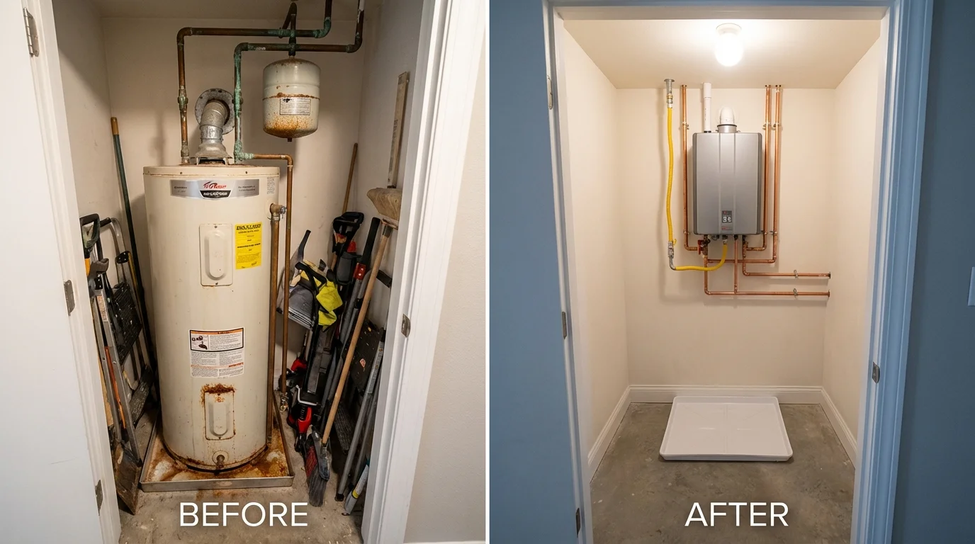 Tank water heater versus wall-mounted tankless unit comparison for Sterling, KS homeowners