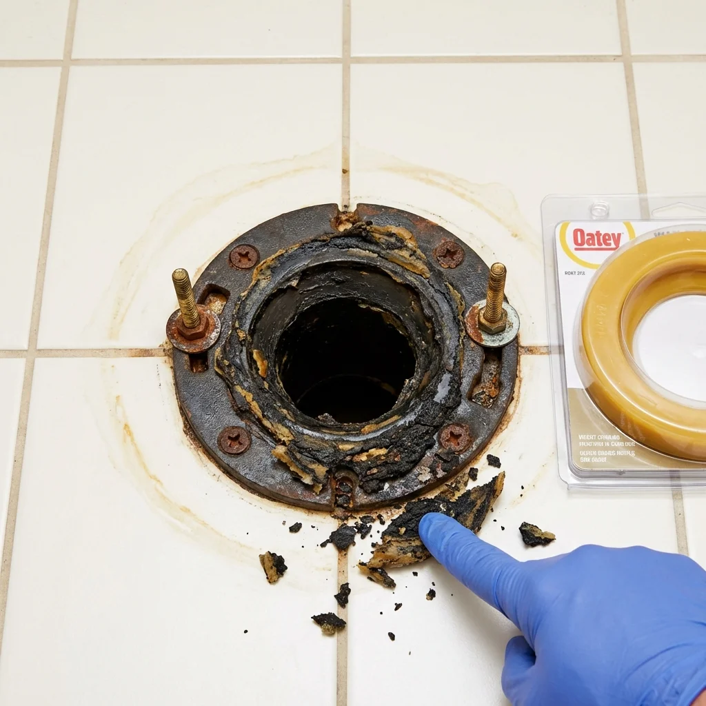Failed wax ring showing water seepage at the base of a toilet in a Sterling, KS home