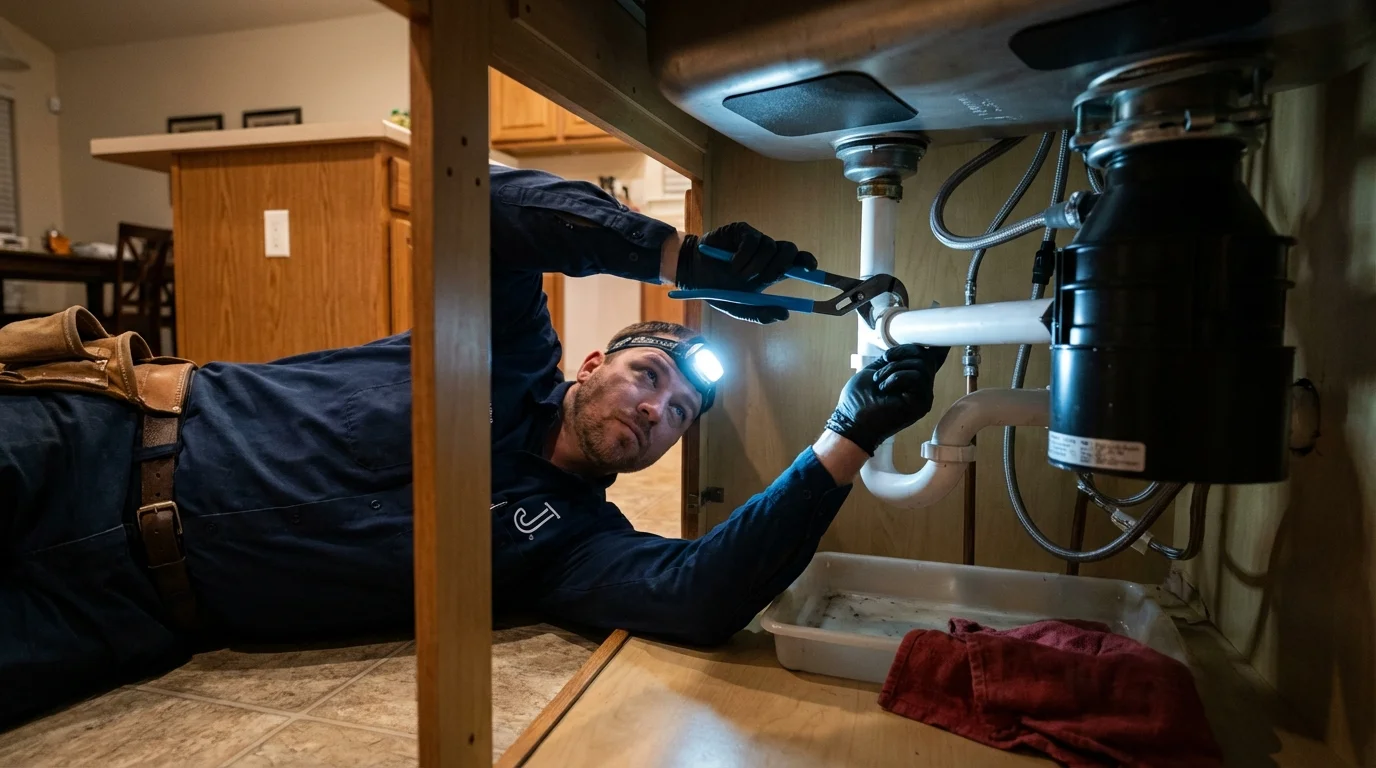 P-trap and supply line connections under a kitchen sink showing a common leak point in Sterling, KS